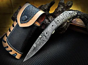 Scrimshaw on Camel Bone As Snake Skin Folding Pocket Knife Drop Point with Damascus Bolster Custom Handcrafted Damascus Steel 7.50 inches with Leather Sheath Great Gift for All Occasions CLKFOL1110