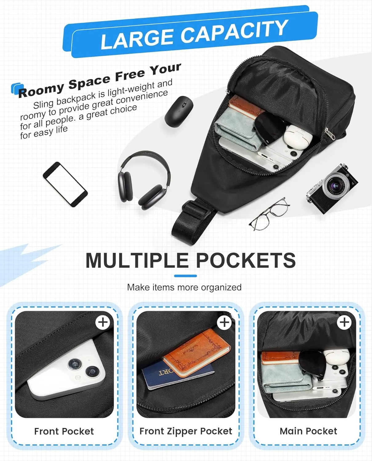 SEAFEW Small Black Sling Crossbody Bag for Men Women, Shoulder Daypack Mini Anti-Theft Cross Body Motorcycle Chest Bags, Small One Strap Fanny Back Pack for Casual Travel Hiking Sport Gym