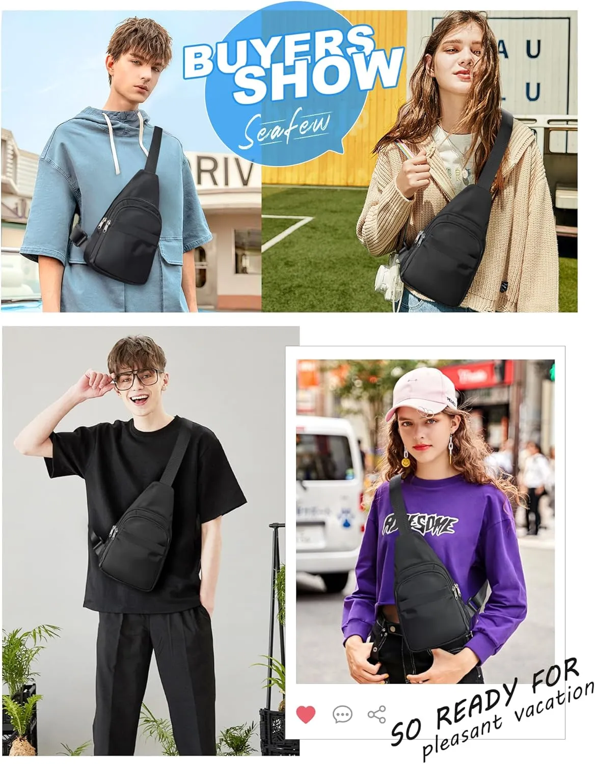SEAFEW Small Black Sling Crossbody Bag for Men Women, Shoulder Daypack Mini Anti-Theft Cross Body Motorcycle Chest Bags, Small One Strap Fanny Back Pack for Casual Travel Hiking Sport Gym