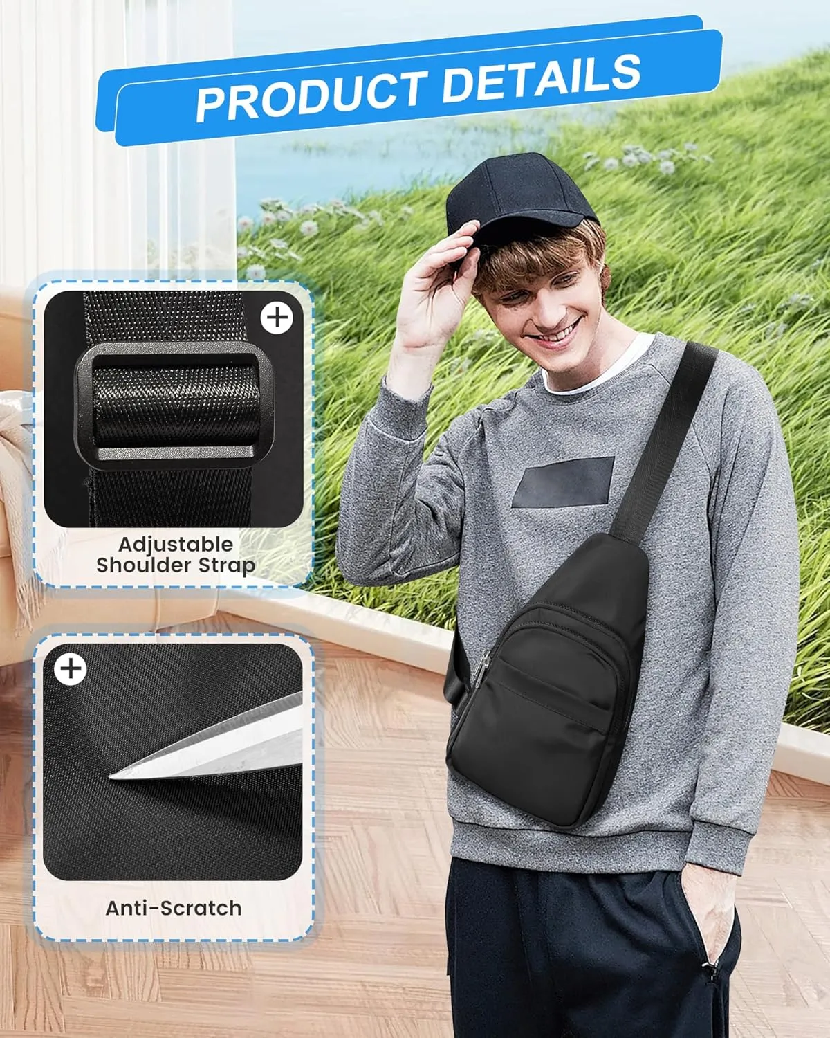 SEAFEW Small Black Sling Crossbody Bag for Men Women, Shoulder Daypack Mini Anti-Theft Cross Body Motorcycle Chest Bags, Small One Strap Fanny Back Pack for Casual Travel Hiking Sport Gym
