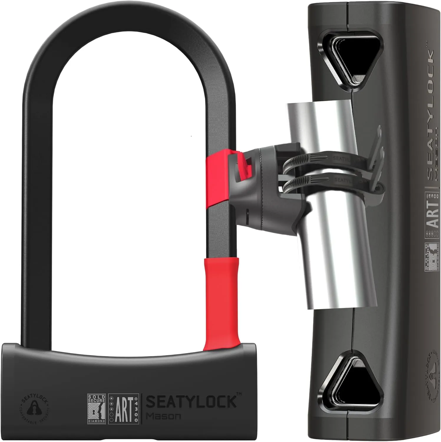 Seatylock Mason Bike U Lock and Mount Holder Kit - Patented Heavy Duty Anti Theft Diamond Secure ULock - Ultra Security Bicycle Safety Tool with Keys for City Electric or Mountain Bikes and Scooters