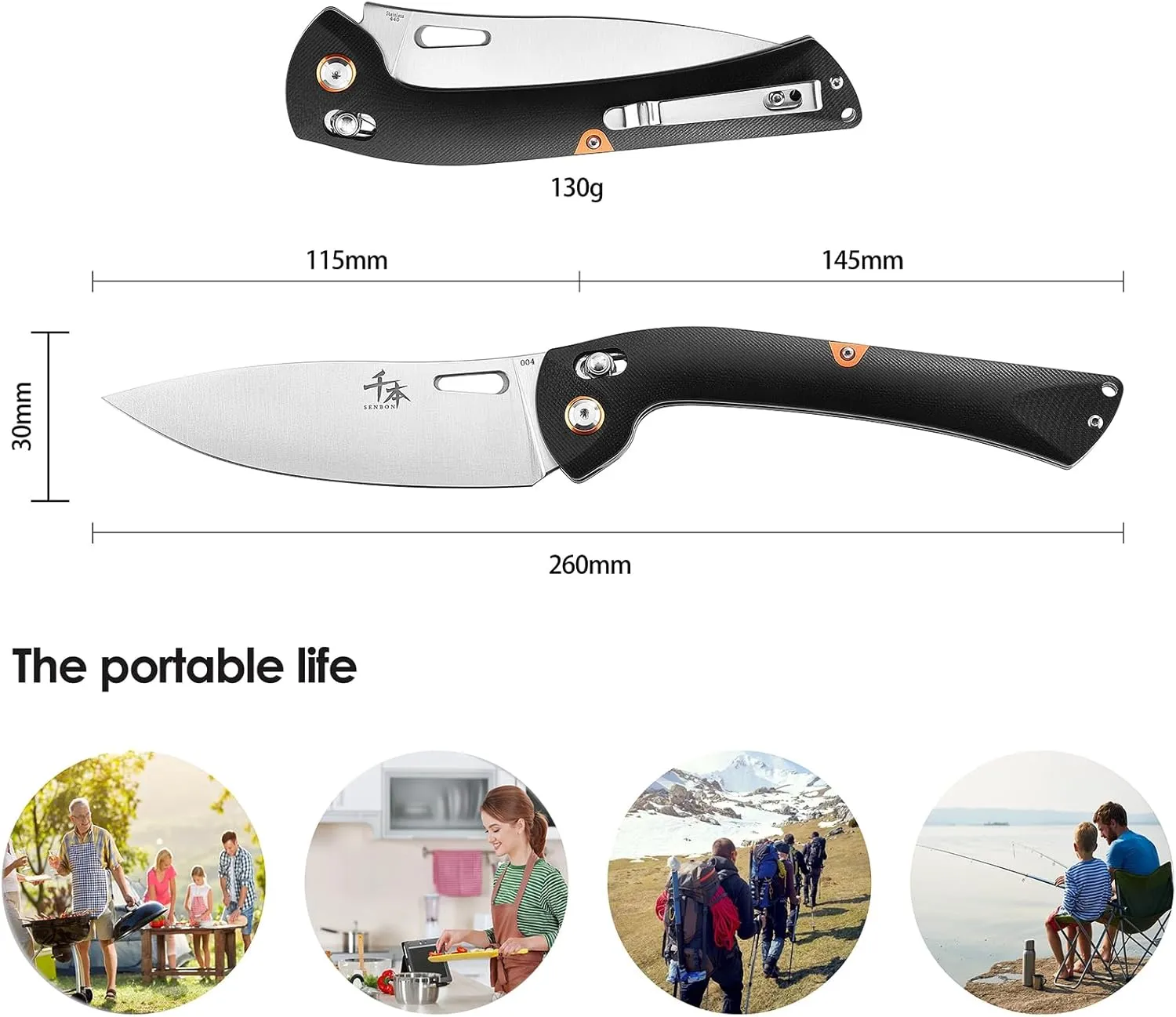 SENBON 440 Stainless Steel Super Sharp Pocket Folding Chef Knife - Peeling, Utility, Fruit Knife - G10 Handle - Camping, Barbecue, Outdoor - Clip