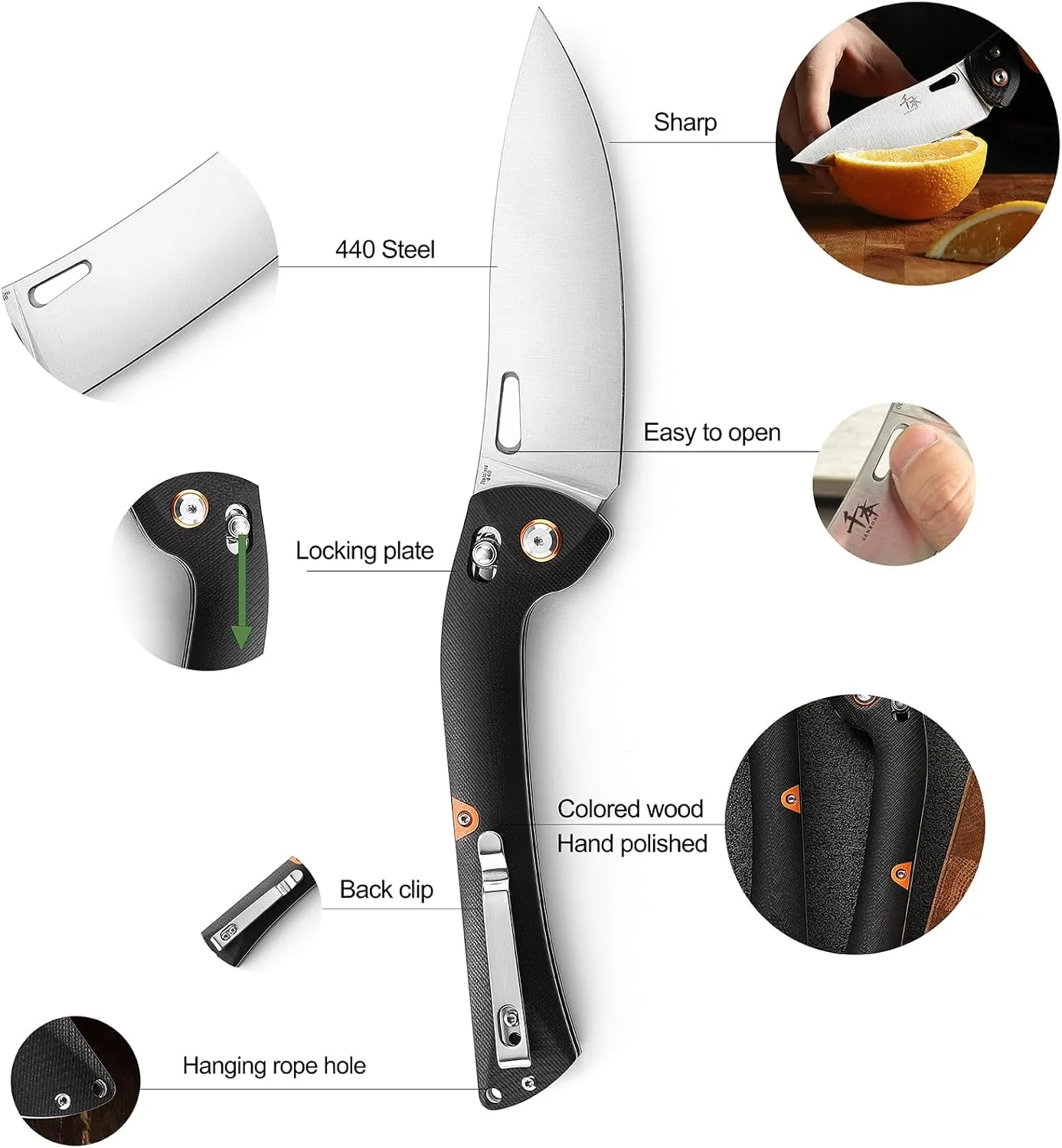 SENBON 440 Stainless Steel Super Sharp Pocket Folding Chef Knife - Peeling, Utility, Fruit Knife - G10 Handle - Camping, Barbecue, Outdoor - Clip