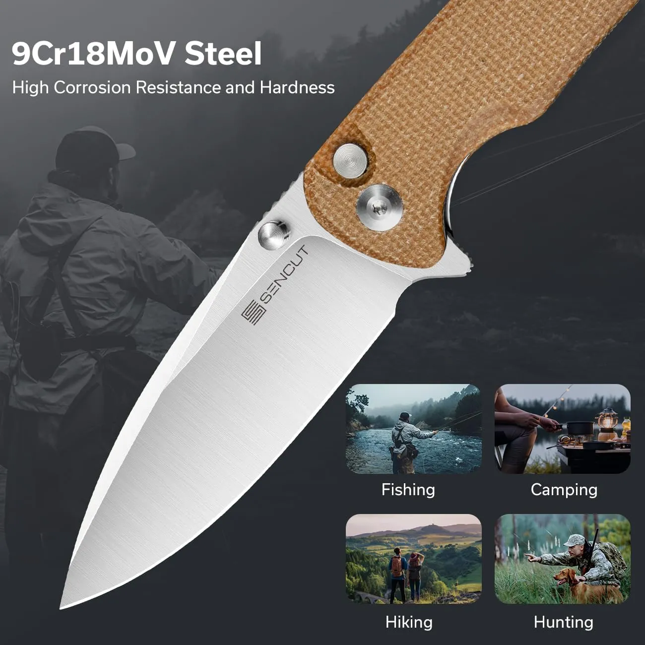 SENCUT Sachse Pocket Knife Folding Knife for EDC, Brown Micarta Handle Satin 9Cr18MoV Blade Foldable Small Knife with Clip, Button Lock Everyday Carry Knife for Men Women Indoor Outdoor Gift S21007-3