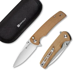SENCUT Sachse Pocket Knife Folding Knife for EDC, Brown Micarta Handle Satin 9Cr18MoV Blade Foldable Small Knife with Clip, Button Lock Everyday Carry Knife for Men Women Indoor Outdoor Gift S21007-3