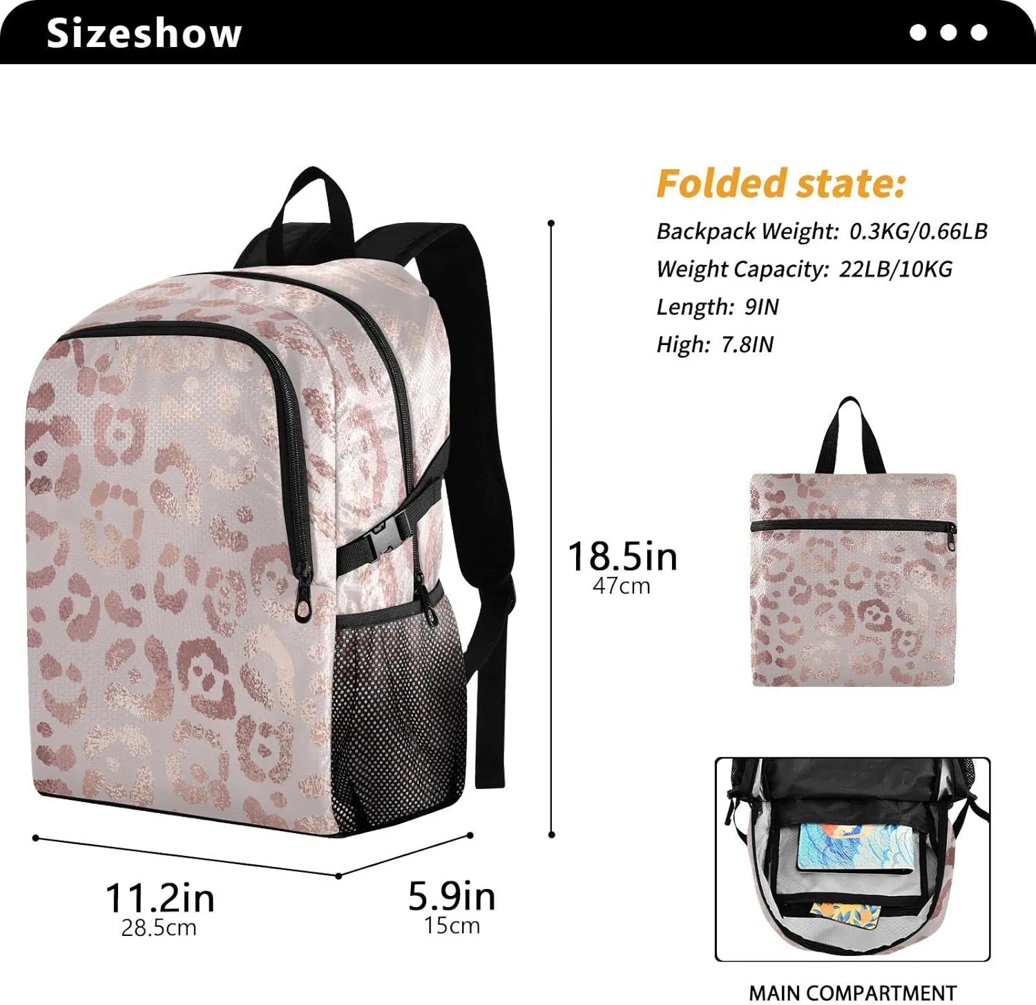 senya Lightweight Packable Backpack Travel Hiking Daypack Foldable Backpack Leopard Print Cheetah Rose Gold for Men Women