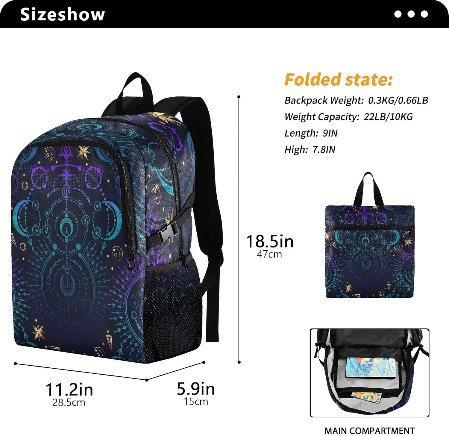 senya Lightweight Packable Backpack Travel Hiking Daypack Foldable Backpack Moon Star Witchy Blue & Purple for Men Women