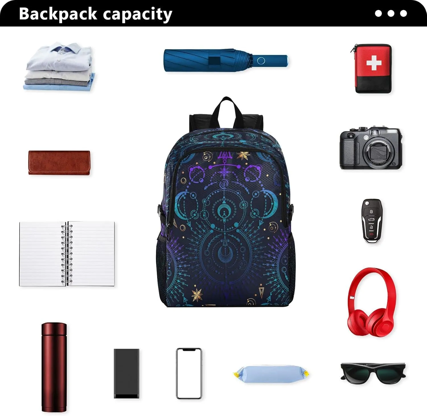 senya Lightweight Packable Backpack Travel Hiking Daypack Foldable Backpack Moon Star Witchy Blue & Purple for Men Women
