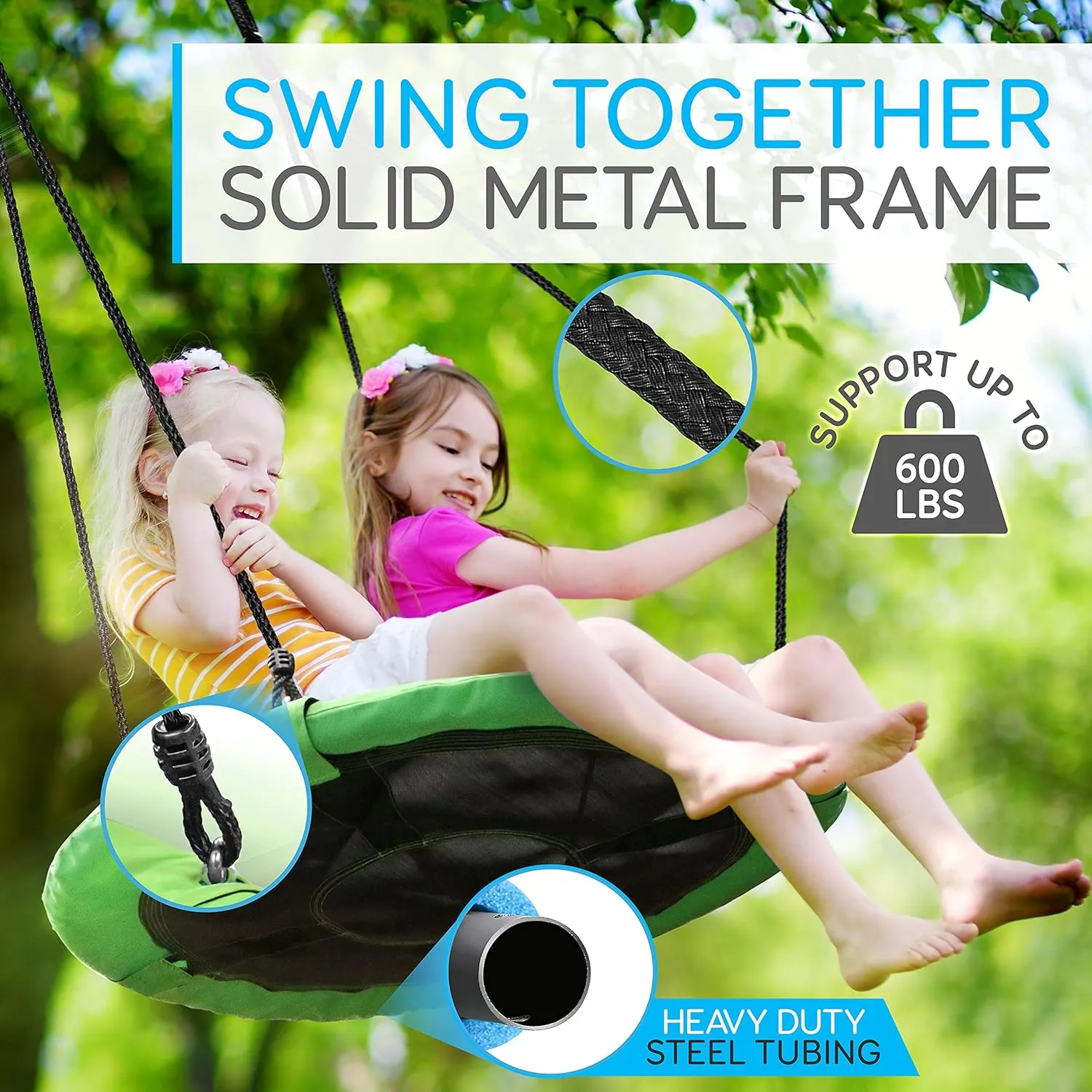 SereneLife Saucer Swing with Tree Hang Kit, 40” Outdoor Tree Swing, 2 Adjustable Hanging Rope Straps and Center Swivel Spinner for Kids (Green)