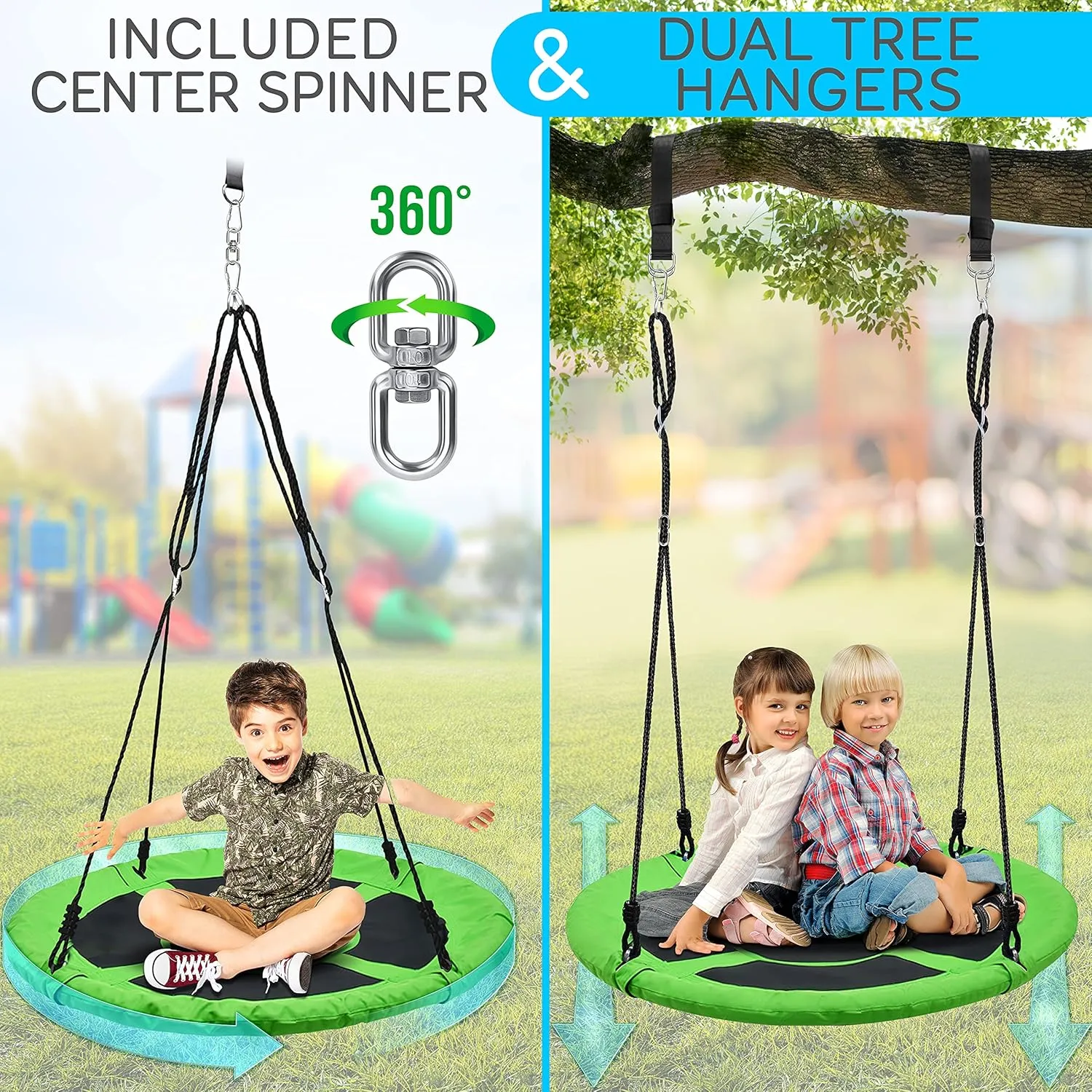 SereneLife Saucer Swing with Tree Hang Kit, 40” Outdoor Tree Swing, 2 Adjustable Hanging Rope Straps and Center Swivel Spinner for Kids (Green)