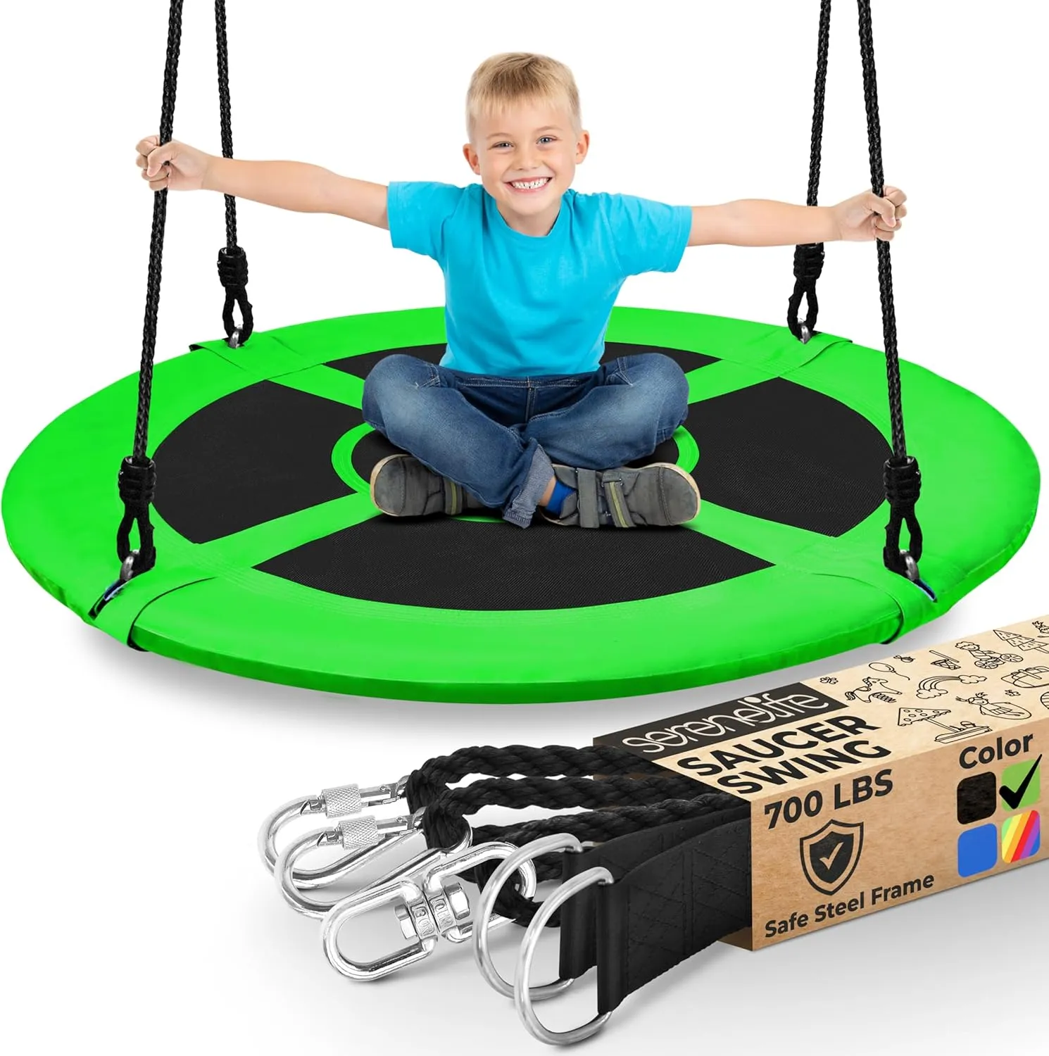 SereneLife Saucer Swing with Tree Hang Kit, 40” Outdoor Tree Swing, 2 Adjustable Hanging Rope Straps and Center Swivel Spinner for Kids (Green)