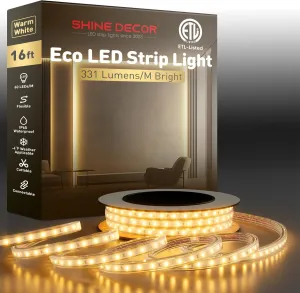 Shine Decor LED Eco Strip Light 2800K Warm White, Cold Resistant Waterproof 1655 Lumens Bright Rope Light, 120V End-to-end Connectable Lighting Strips Cuttable for Indoor Outdoor, 16 FT ETL Listed