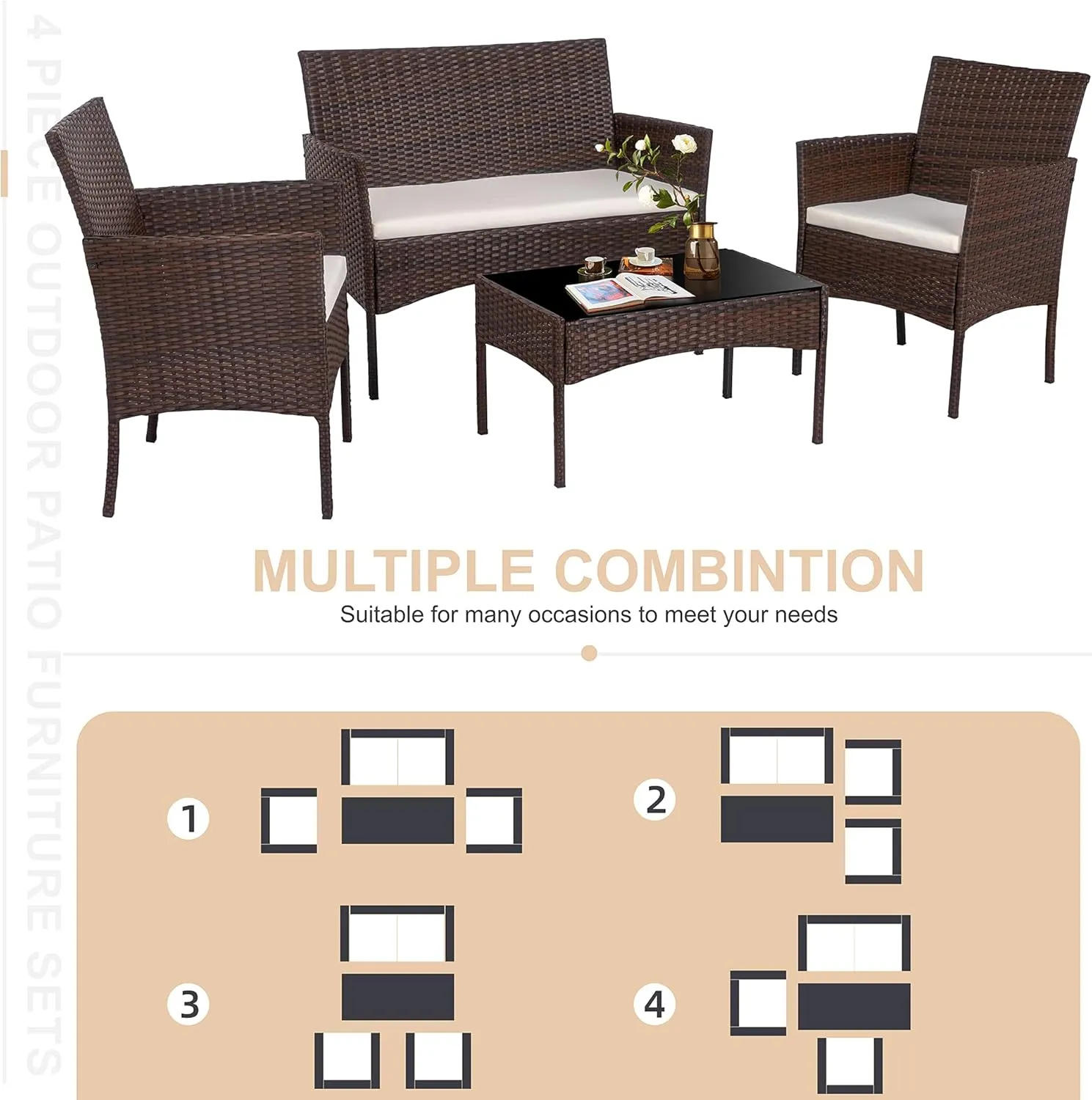 Shintenchi 4 Piece Outdoor Patio Furniture Set, Wicker Rattan Patio Conversation Set, Outdoor Chairs and Loveseat with Coffee Table for Porch, Yard & Poolside (Brown)