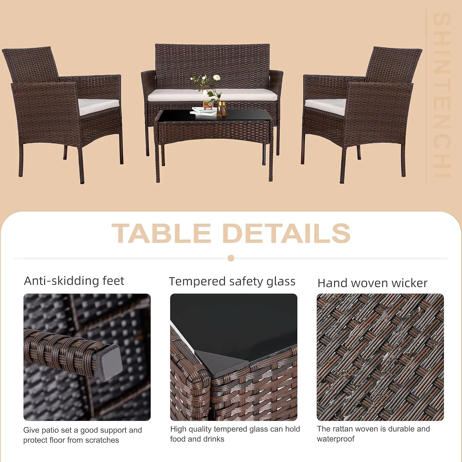 Shintenchi 4 Piece Outdoor Patio Furniture Set, Wicker Rattan Patio Conversation Set, Outdoor Chairs and Loveseat with Coffee Table for Porch, Yard & Poolside (Brown)