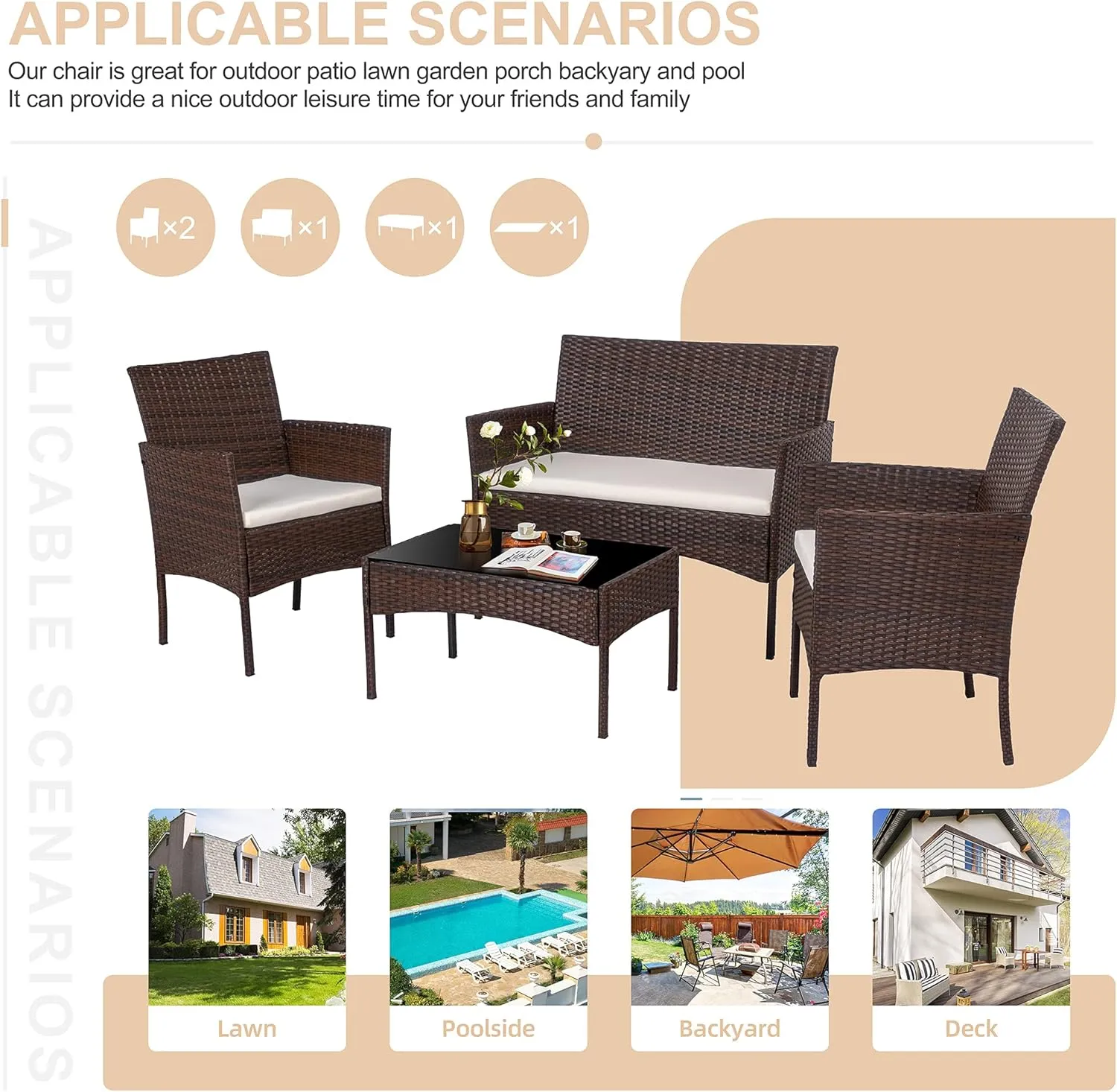 Shintenchi 4 Piece Outdoor Patio Furniture Set, Wicker Rattan Patio Conversation Set, Outdoor Chairs and Loveseat with Coffee Table for Porch, Yard & Poolside (Brown)