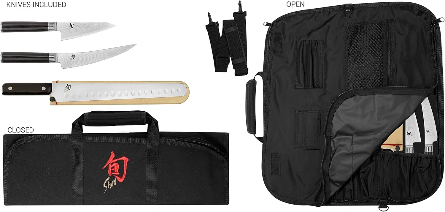 Shun Classic 4 Piece BBQ Set, Includes 4.5" Asian Multi-Prep, 6" Boning/Fillet, 12" Brisket Knives and Knife Roll, Handcrafted Japanese Knife Set, Damascus Stainless Steel Cladding