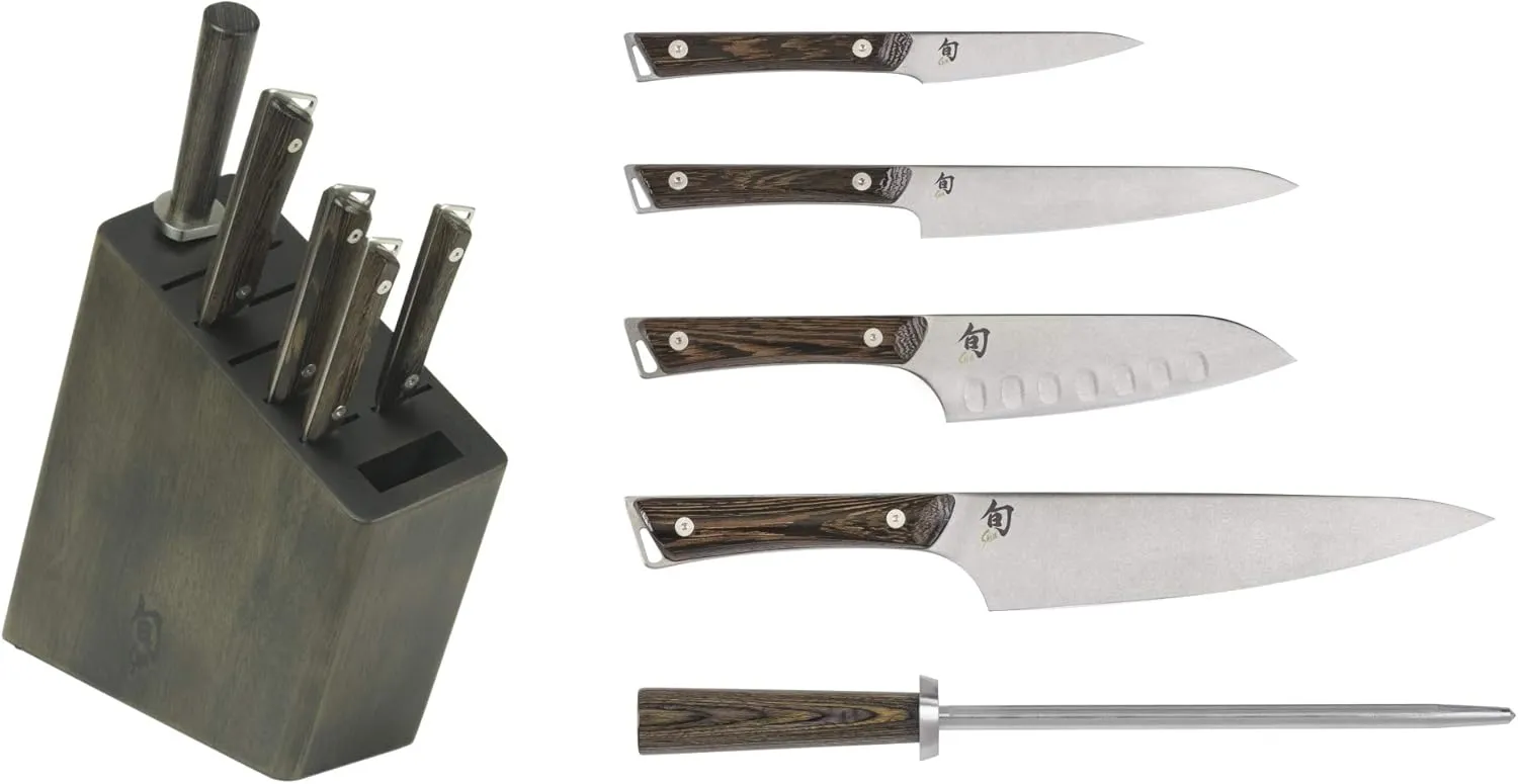 Shun Kanso 6 Piece Block Set, Includes 8" Chef, 3.5" Paring, 6" Utility, 5.5" Santoku Knives & More, Handcrafted Japanese Knife Set, AUS10A Stainless Steel Blades, Tagayasan Handles