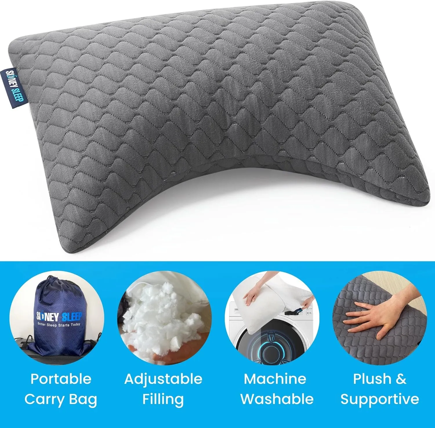 Sidney Sleep Mini Travel Size Neck Pillow - Knee, Back Lumbar and Support - Small Curved Pillow - 14 x 19 Inches - Adjustable Loft - Washable - Drawstring Backpack Included (Mini - Grey)