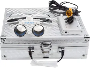 Silver Binocular Loupes Optical Glass Loupe 3.5X420mm with 3W LED Head Light Lamp Filter Clip Headlamp Aluminum Box