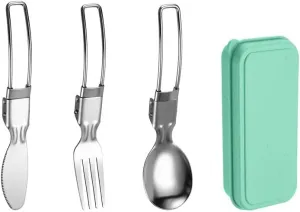 Silverware Flatware Set, 3/12/18/24/30/36 Pieces 304 Stainless Steel Folding Tableware Knife, Fork And Spoon Set Outdoor Picnic Camping Portable Tableware Foldable Spoon(Green,12 Pieces for