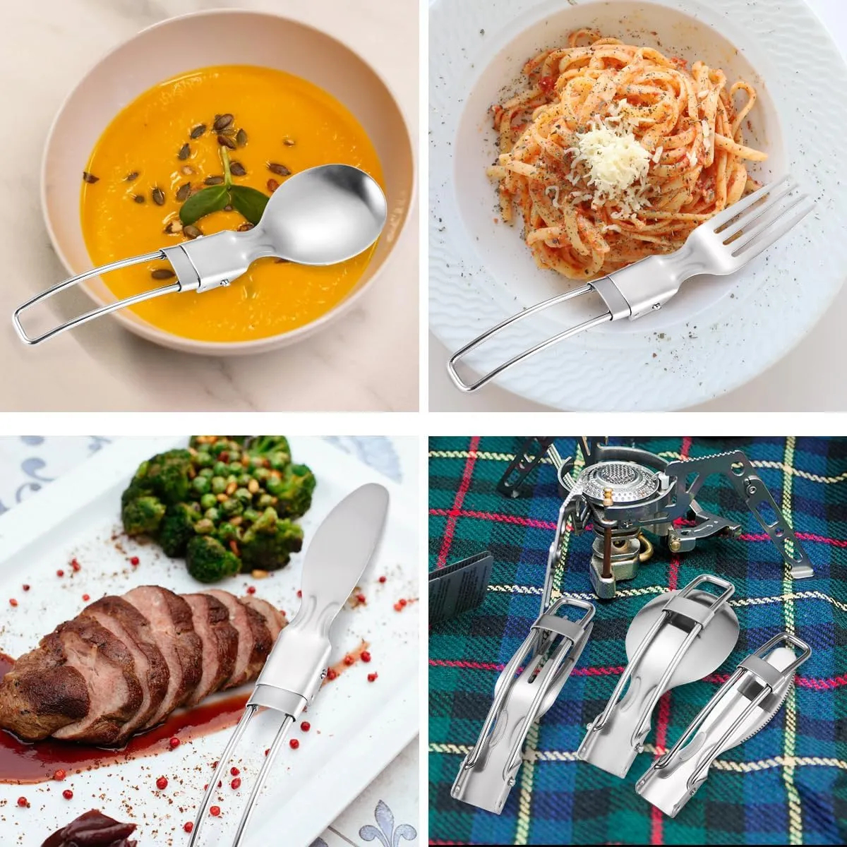 Silverware Set, Pieces Stainless Steel Outdoor Portable Tableware Set Travel Retractable Foldable Camping Picnic Dinner Knife, Fork and Spoon