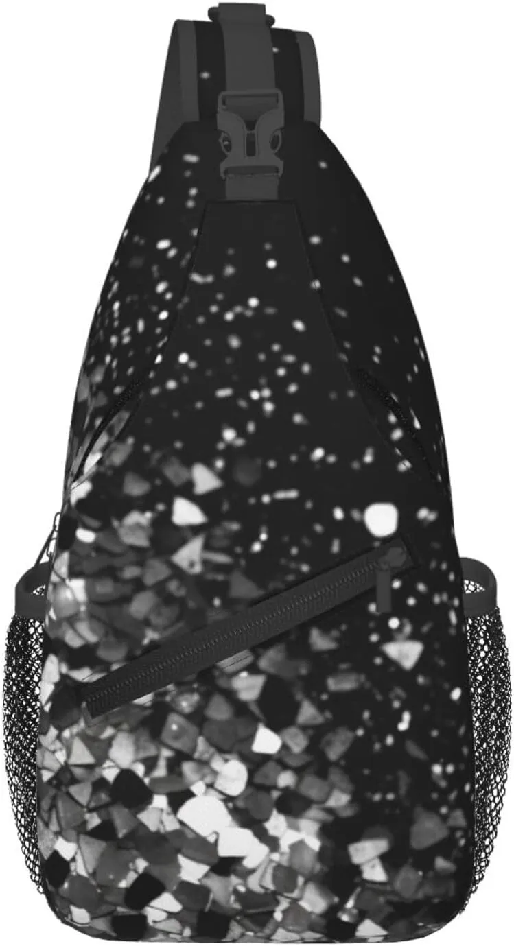 Sling Bags for Women Men Black white glitter Sling Backpack Adjustable Belt Bum Bags Fanny Pack for Travel Sports Running Hiking Waist Packs