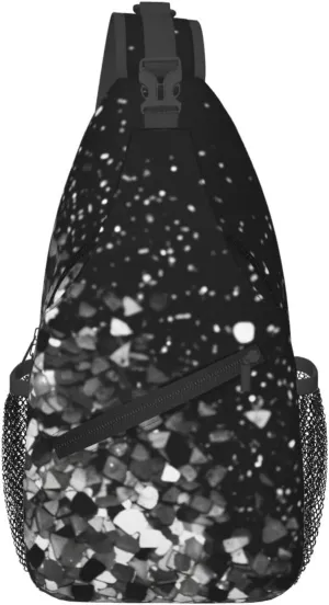 Sling Bags for Women Men Black white glitter Sling Backpack Adjustable Belt Bum Bags Fanny Pack for Travel Sports Running Hiking Waist Packs