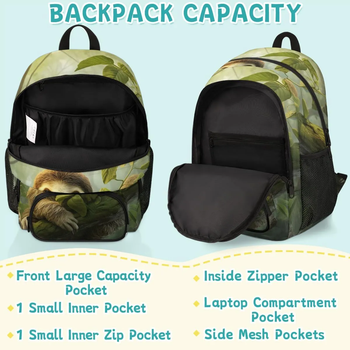 Sloth Carry on Travel Backpack for Women Men Water resistant Lightweight Rucksack Backpack for Weekender Casual Work Hiking Jungle Sloth