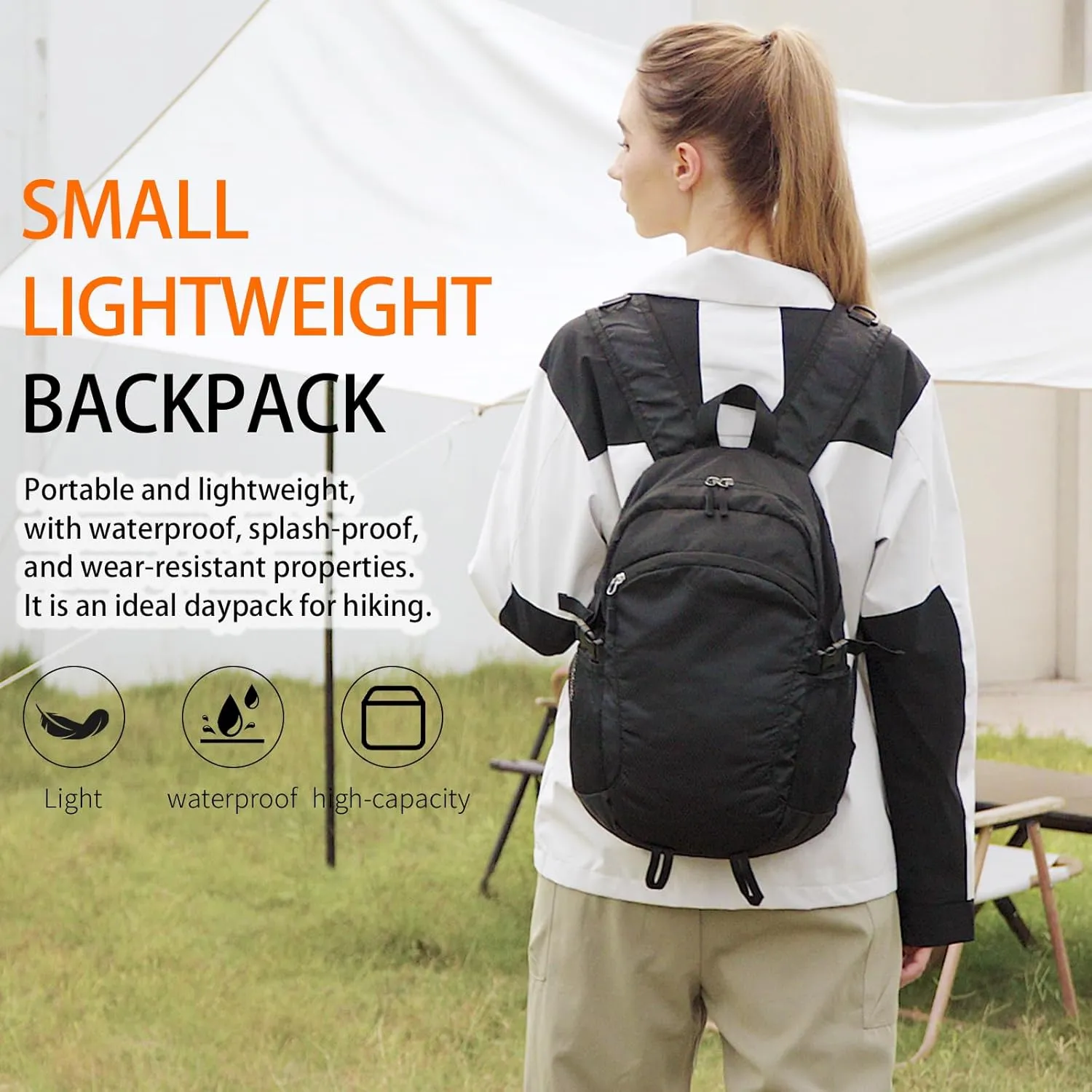 Small Hiking Daypack,15L Waterproof Hiking Backpack Packable Lightweight Travel Day Pack for Women Men (Black, Small)