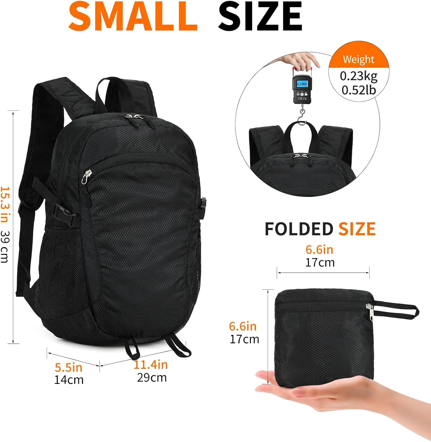 Small Hiking Daypack,15L Waterproof Hiking Backpack Packable Lightweight Travel Day Pack for Women Men (Black, Small)
