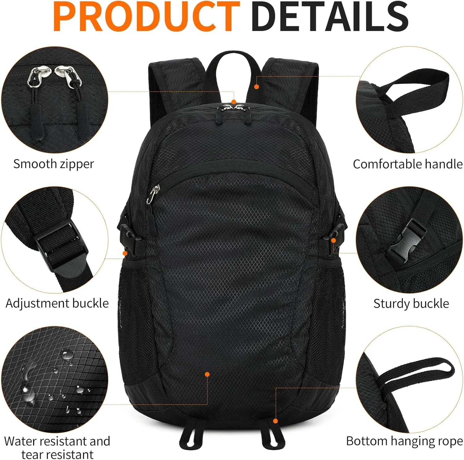 Small Hiking Daypack,15L Waterproof Hiking Backpack Packable Lightweight Travel Day Pack for Women Men (Black, Small)