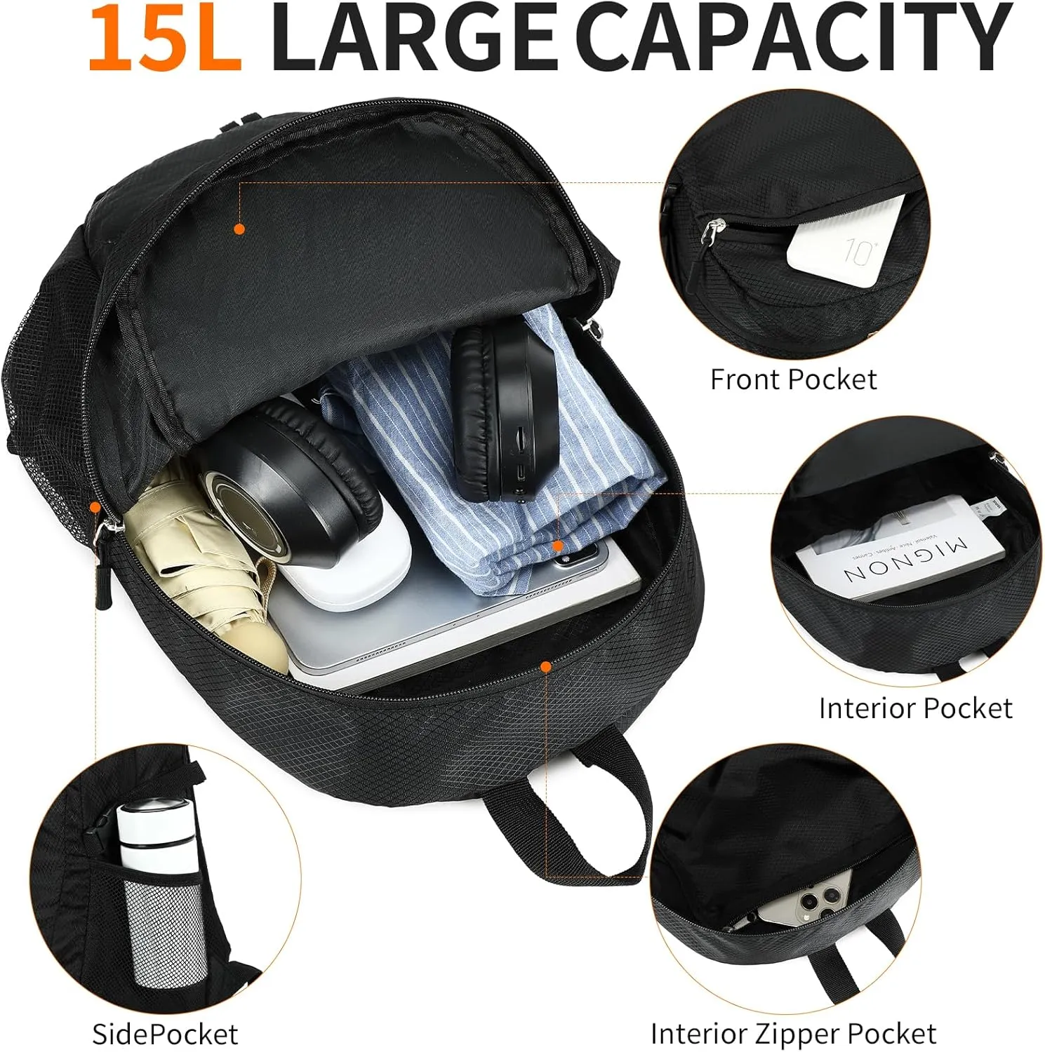 Small Hiking Daypack,15L Waterproof Hiking Backpack Packable Lightweight Travel Day Pack for Women Men (Black, Small)