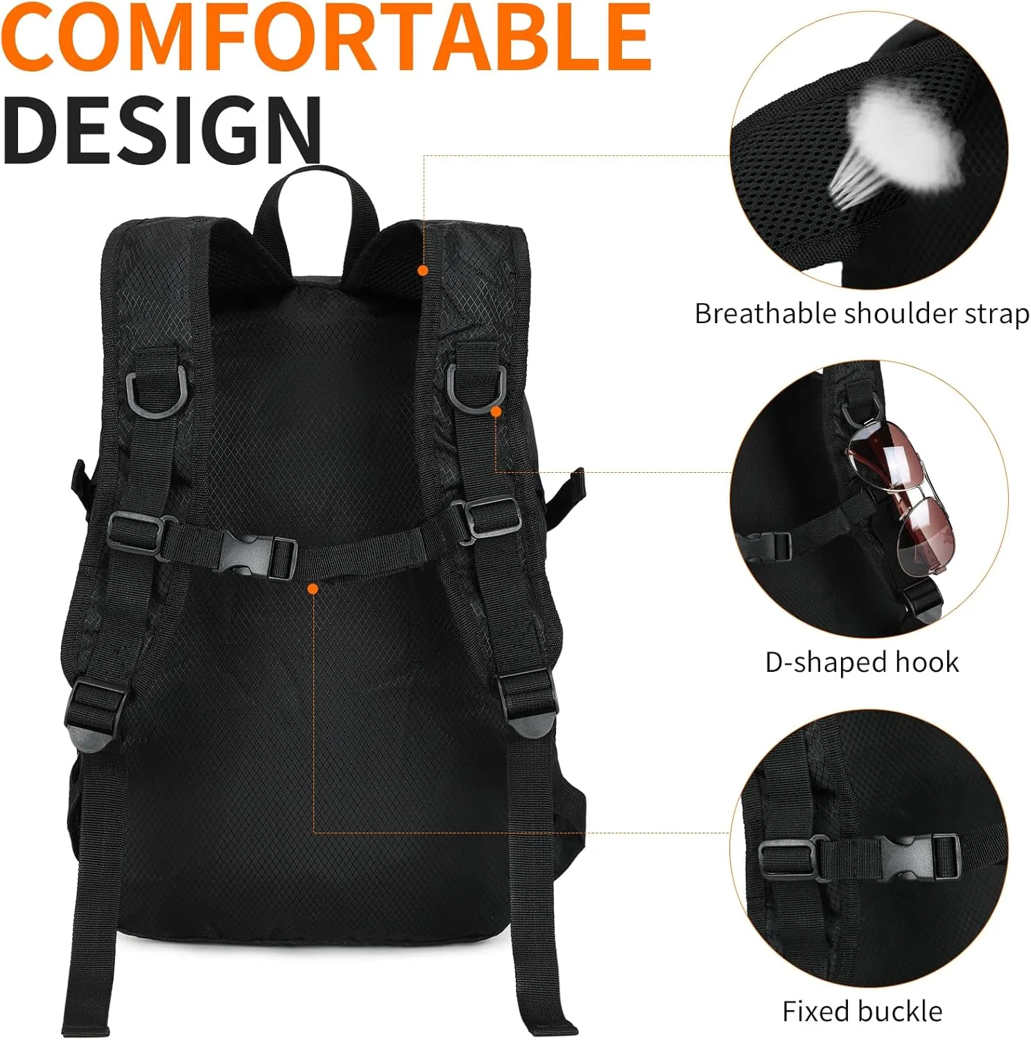 Small Hiking Daypack,15L Waterproof Hiking Backpack Packable Lightweight Travel Day Pack for Women Men (Black, Small)