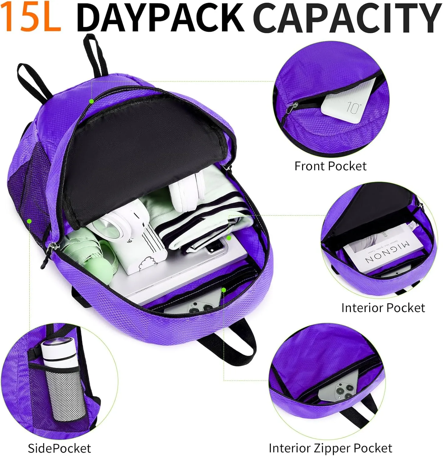 Small Hiking Daypack,15L Waterproof Hiking Backpack Packable Lightweight Travel Day Pack for Women Men (Purple, Small)