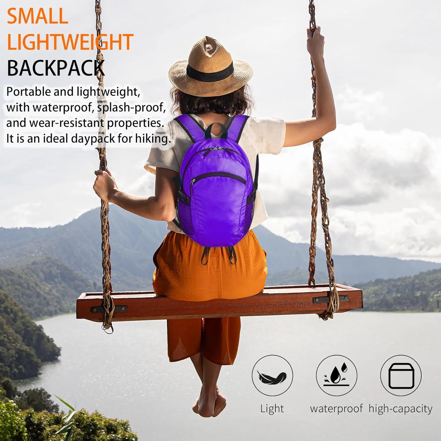 Small Hiking Daypack,15L Waterproof Hiking Backpack Packable Lightweight Travel Day Pack for Women Men (Purple, Small)