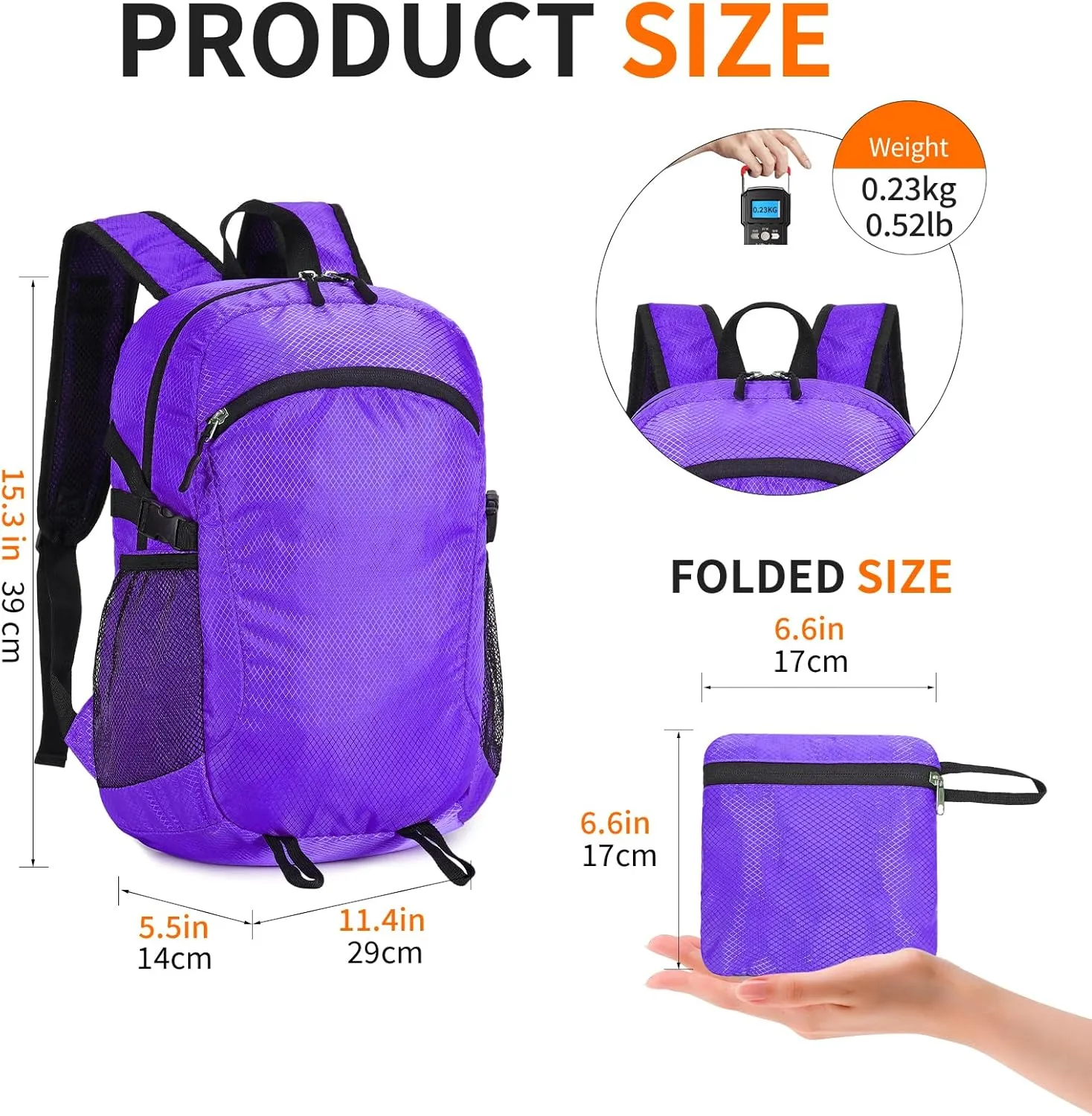 Small Hiking Daypack,15L Waterproof Hiking Backpack Packable Lightweight Travel Day Pack for Women Men (Purple, Small)