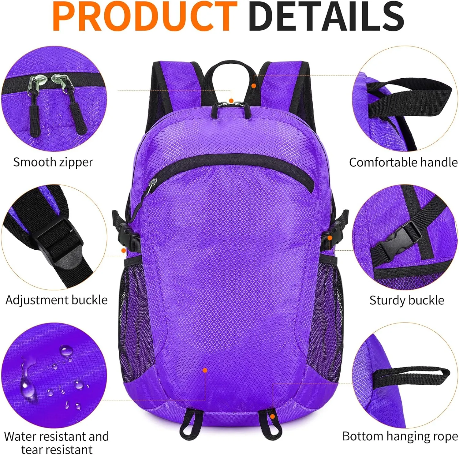 Small Hiking Daypack,15L Waterproof Hiking Backpack Packable Lightweight Travel Day Pack for Women Men (Purple, Small)
