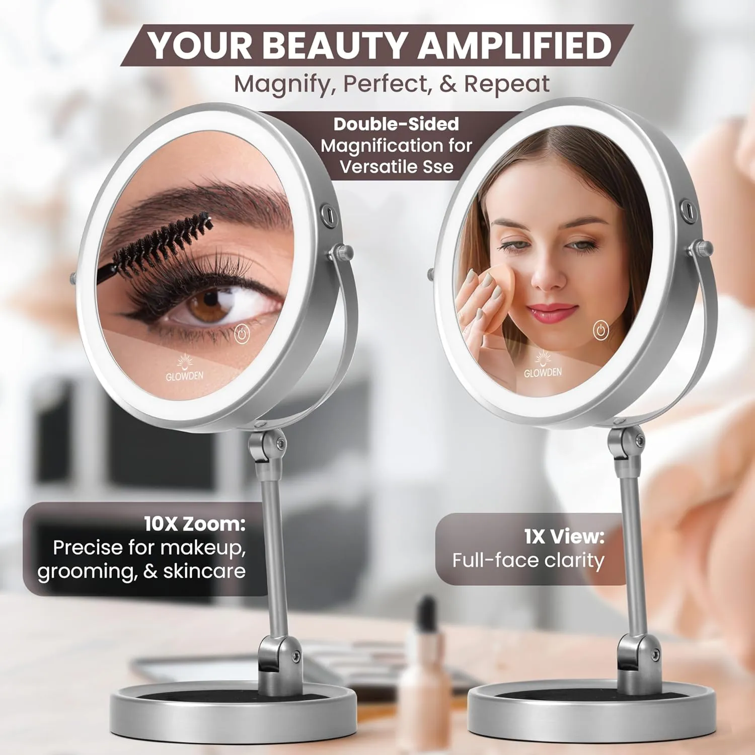 Smart 9" LED Light Makeup Mirror, Rechargeable, 1X/10X Magnifying Vanity Mirror with 3 Color Lights, Height Adjustable, Large Tall 360° Swivel Double Sided Standing Travel Mirror (Chrome)