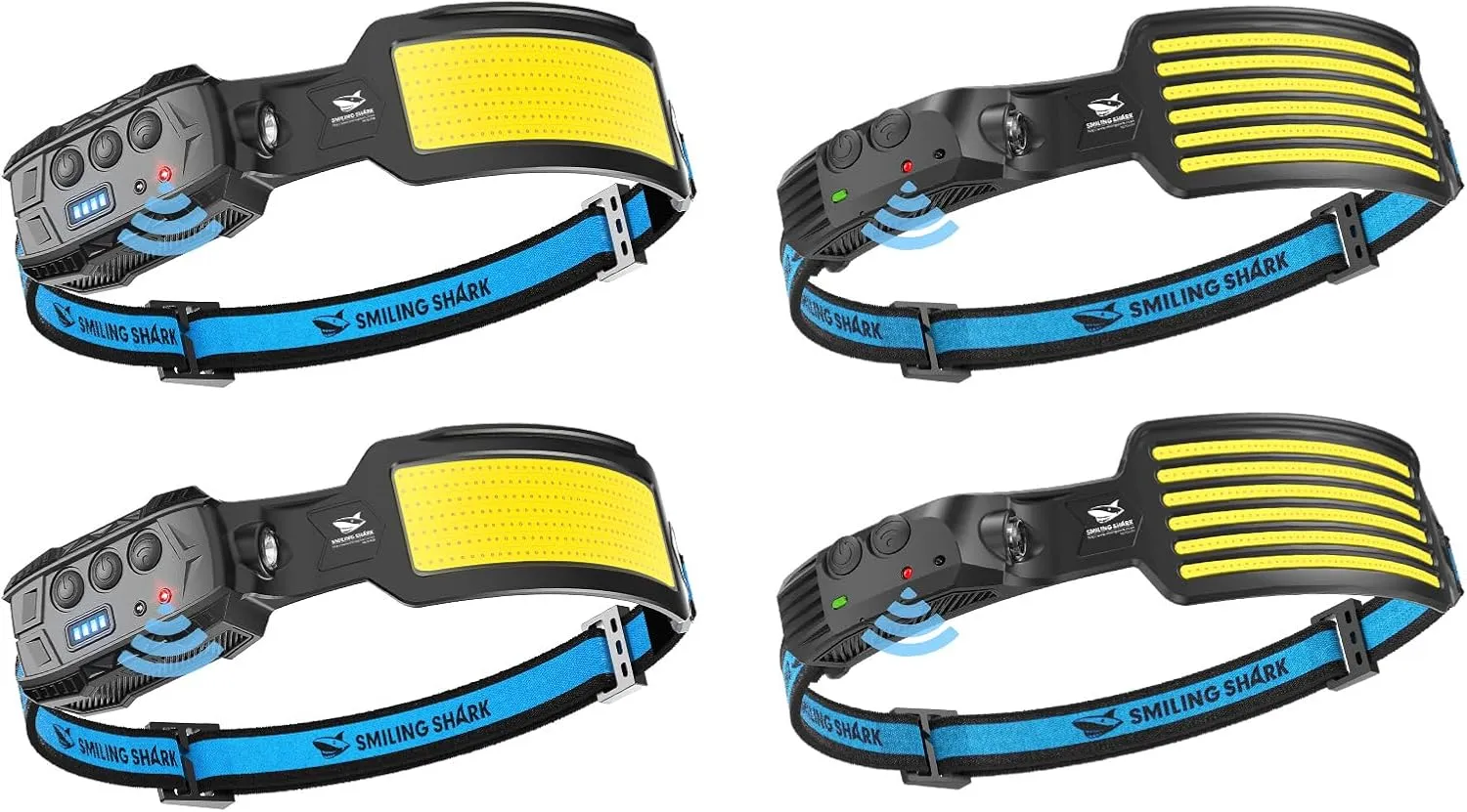 Smiling Shark Headlamp, 4 Pack Head Lamps Led Rechargeable 6 Modes 7*White Lights 270° Lighting Width Motion Sensor Red Tail Light for Camping Fishing Repairation, LED-Headlamp-Rechargeable-Light
