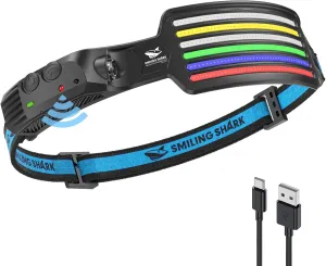 Smiling Shark Rechargeable Headlamp, 230°Wide Angle 5*Colors Light The Brightest LED Head Lamp with Motion Sensor Waterproof Headlight for Camping Hiking Outdoor, Head-Lamp-LED-Frontale-Rechargeable