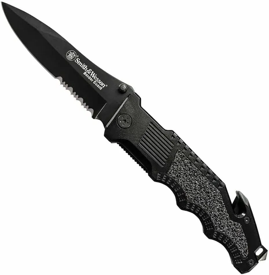 Smith & Wesson Border Guard SWBG1S 10in High Carbon S.S. Folding Knife with a 4.4in Drop Point Blade and Aluminum Handle for Outdoor, Tactical, Survival and EDC