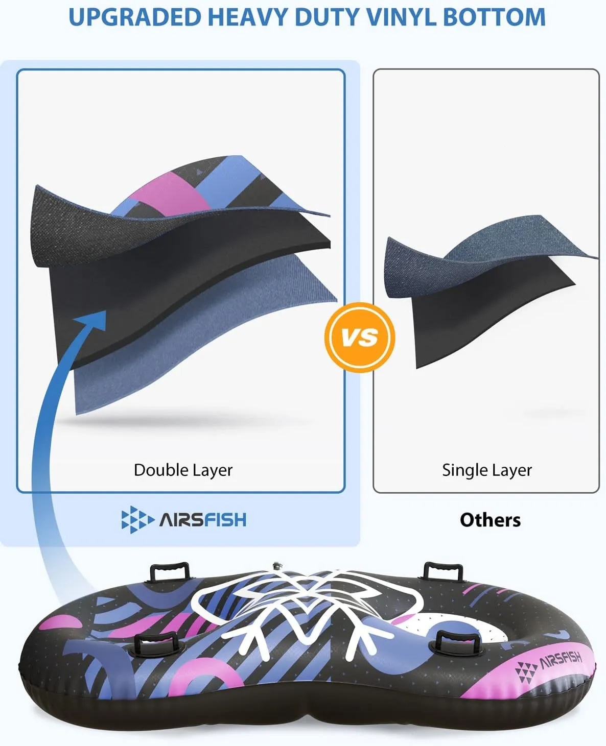 Snow Tube with Towable Leash, AirsFish Inflatable Snow Sled for Children Adults Heavy Duty Cover Wear-Resistant & Antifreeze Material Sledding Tubes for Winter Sports
