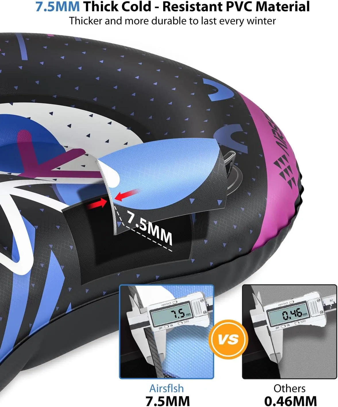 Snow Tube with Towable Leash, AirsFish Inflatable Snow Sled for Children Adults Heavy Duty Cover Wear-Resistant & Antifreeze Material Sledding Tubes for Winter Sports