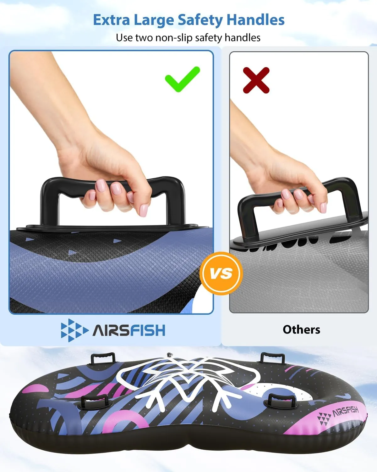 Snow Tube with Towable Leash, AirsFish Inflatable Snow Sled for Children Adults Heavy Duty Cover Wear-Resistant & Antifreeze Material Sledding Tubes for Winter Sports