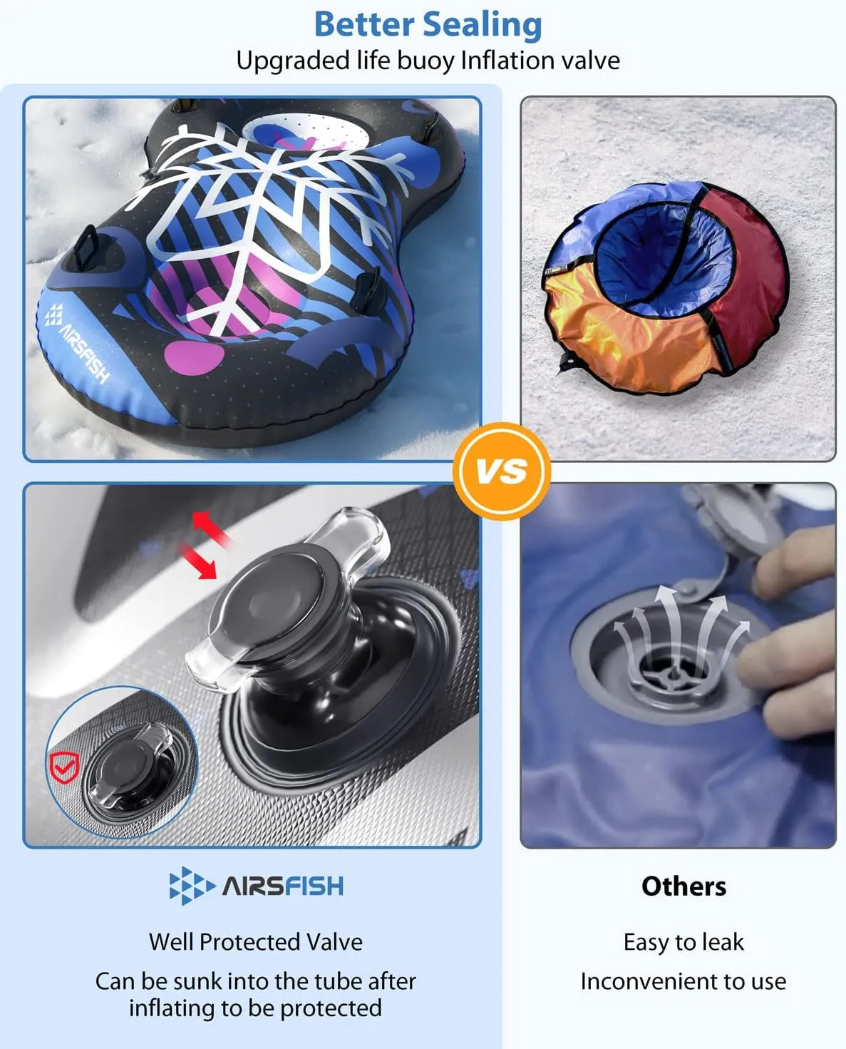 Snow Tube with Towable Leash, AirsFish Inflatable Snow Sled for Children Adults Heavy Duty Cover Wear-Resistant & Antifreeze Material Sledding Tubes for Winter Sports