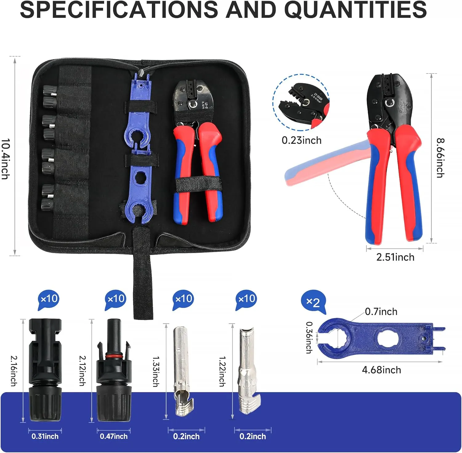 Solar Crimping Tool Kit for Solar Panel Cable 14-10AWG,PV Connector Kit Includes 10 Pairs 1000V 30A Connector, 2 PCS Spanner Wrench and Crimper Tool for 2.5/4/6mm² PV Cable
