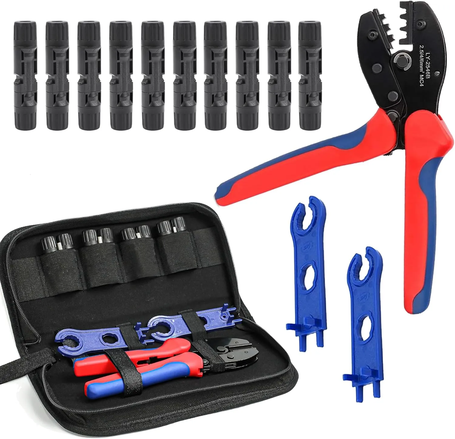 Solar Crimping Tool Kit for Solar Panel Cable 14-10AWG,PV Connector Kit Includes 10 Pairs 1000V 30A Connector, 2 PCS Spanner Wrench and Crimper Tool for 2.5/4/6mm² PV Cable