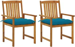 Solid Acacia Wood Patio Chairs with Blue Cushions 2-Piece Set, Outdoor Furniture for Garden Poolside Deck Backyard, Rustic Wooden Lounge Chairs with Waterproof Polyester Seat Cushions