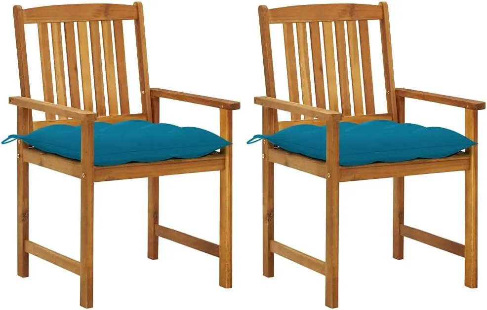 Solid Acacia Wood Patio Chairs with Blue Cushions 2-Piece Set, Outdoor Furniture for Garden Poolside Deck Backyard, Rustic Wooden Lounge Chairs with Waterproof Polyester Seat Cushions