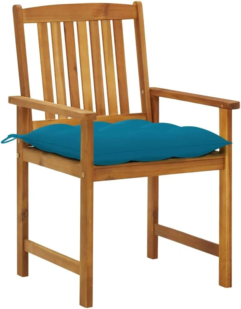 Solid Acacia Wood Patio Chairs with Blue Cushions 2-Piece Set, Outdoor Furniture for Garden Poolside Deck Backyard, Rustic Wooden Lounge Chairs with Waterproof Polyester Seat Cushions